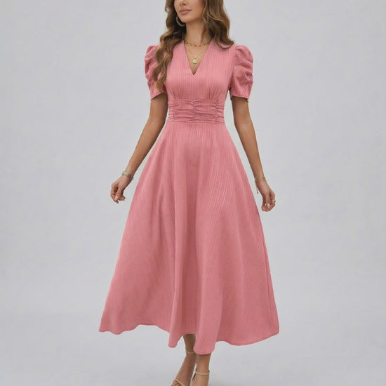 Elara Midi Dress in soft pink with V-neckline, puffed sleeves, and cinched waist by Lauven for elegant occasions.