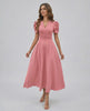 Elara Midi Dress in soft pink with V-neckline, puffed sleeves, and cinched waist by Lauven for elegant occasions.