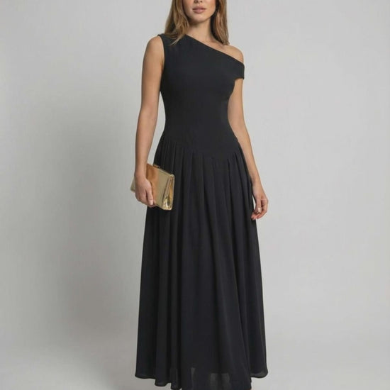 Monaco Maxi Dress black one shoulder A-line silhouette by Lauven, offering elegant style and refined movement.