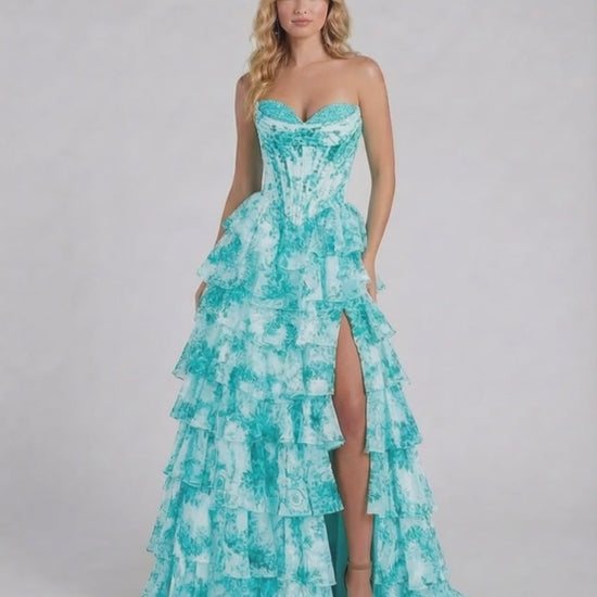 Lagoon Maxi Dress by Lauven in vibrant turquoise with tiered chiffon design and strapless corset bodice.