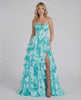 Lagoon Maxi Dress by Lauven in vibrant turquoise with tiered chiffon design and strapless corset bodice.