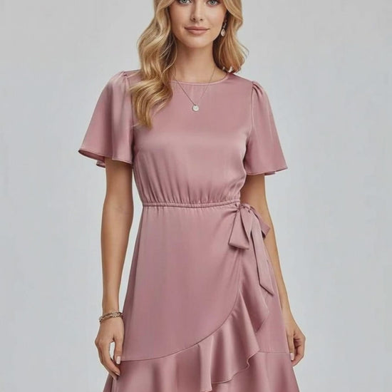 Lauven Marina Mini Dress featuring elegant ruffle detailing, tie waist, and smooth satin-like finish.