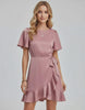 Lauven Marina Mini Dress featuring elegant ruffle detailing, tie waist, and smooth satin-like finish.