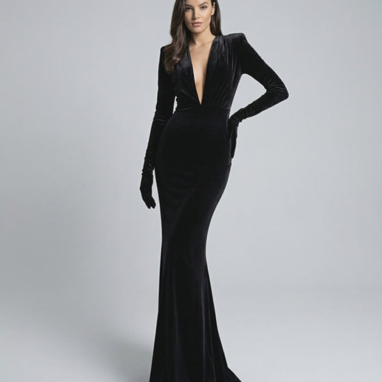 Nocturne Maxi Dress - Black velvet gown with deep V-neck and long sleeves by Lauven, embodying modern elegance and sophistication.