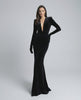 Nocturne Maxi Dress - Black velvet gown with deep V-neck and long sleeves by Lauven, embodying modern elegance and sophistication.