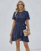 Navy Ruffle Dress by Lauven, featuring flutter sleeves and a flattering waist tie for sophisticated style.