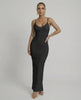 Lauven Noir Maxi Dress, sleek black sleeveless bodycon with spaghetti straps and deep backless cut.