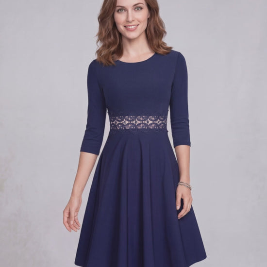Valora Midi Dress – Elegant A-Line long sleeve dress with lace waist detail by Lauven, showcasing feminine sophistication.