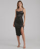 Elara Midi Dress in black satin with cowl neck, ruched silhouette for elegant evenings by Lauven.