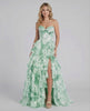 Serenella Maxi Dress by Lauven, a green floral chiffon dress featuring tiered ruffles and a strapless design.