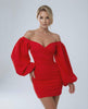 Scarlet Mini Dress by Lauven - Off-Shoulder Puff Sleeve Satin Sheath Dress in bold red.