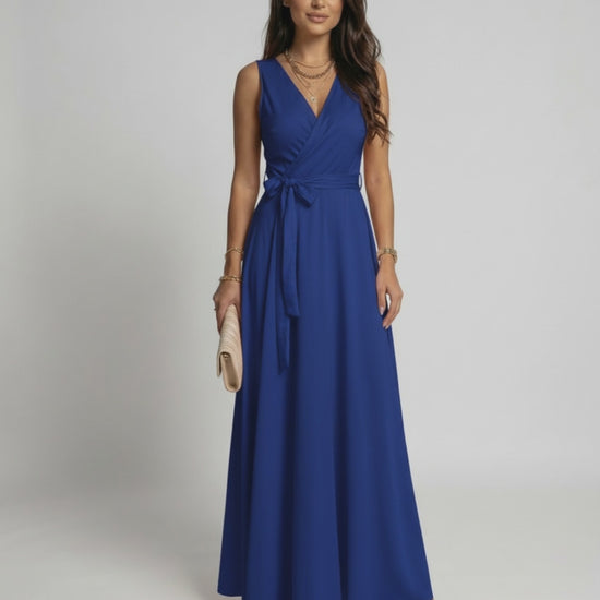 Azure Maxi Dress by Lauven in rich blue with elegant V-neck design and flowing silhouette.