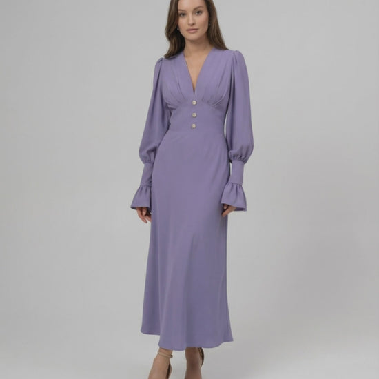 Elara Midi Dress in lavender, featuring long sleeves, A-line silhouette, and flattering V-neckline by Lauven.