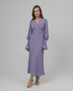 Elara Midi Dress in lavender, featuring long sleeves, A-line silhouette, and flattering V-neckline by Lauven.