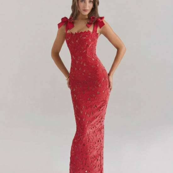 Velmira Maxi Dress - Red lace, square neck, high-waist silhouette, perfect for formal occasions, by Lauven.