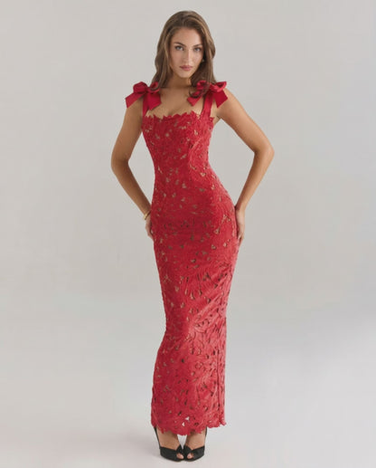 Velmira Maxi Dress - Red lace, square neck, high-waist silhouette, perfect for formal occasions, by Lauven.