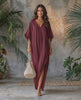 Beautiful woman wearing Solara Maxi Dress in burgundy, lightweight chiffon with V-neck and relaxed silhouette, by Lauven.
