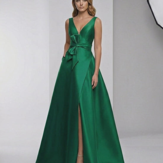 Verona Maxi Dress - Green satin A-line V-neck evening dress by Lauven with elegant design and luxurious finish.