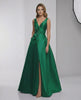 Verona Maxi Dress - Green satin A-line V-neck evening dress by Lauven with elegant design and luxurious finish.