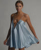 Celestial Mini Dress by Lauven in silky icy blue, featuring a flared skirt and sparkling beaded straps.