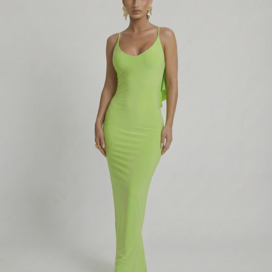 Lauven Luna Maxi Dress in sleek lime green featuring a sleeveless design and spaghetti straps for modern style.