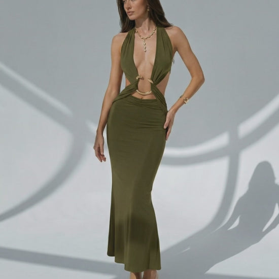Sage Maxi Dress in olive green with deep V-neck, metal ring details, and comfortable stretch by Lauven.