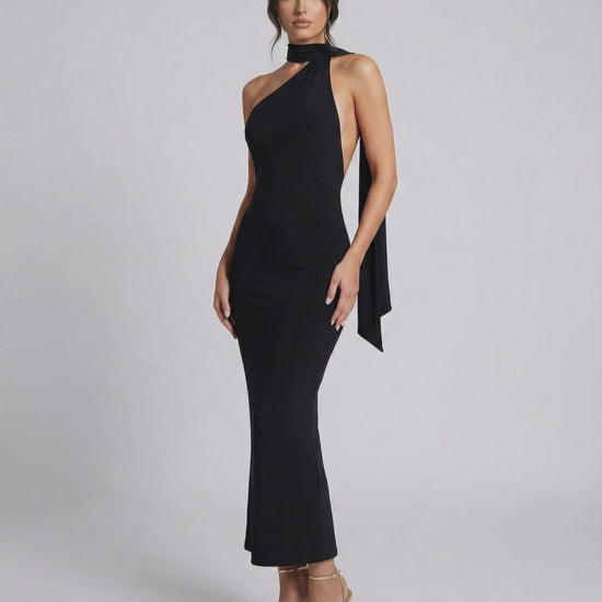 Celeste Maxi Dress by Lauven, sleek black halter neck evening dress with a modern silhouette.