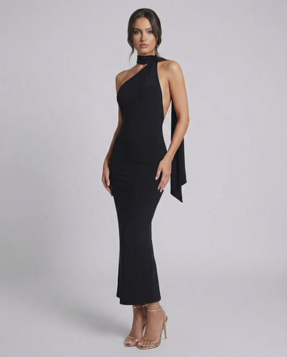 Celeste Maxi Dress by Lauven, sleek black halter neck evening dress with a modern silhouette.