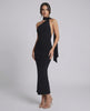 Celeste Maxi Dress by Lauven, sleek black halter neck evening dress with a modern silhouette.