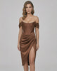 Sienna Midi Dress - Brown satin dress with strapless corset, high slit, by Lauven. Modern elegance in luxurious fabric.
