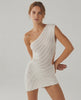 Ivory Mini Dress by Lauven showcasing a sleek one-shoulder sheath silhouette with asymmetrical hemline.