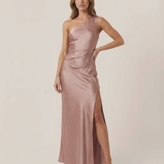 Valora Maxi Dress - Satin one-shoulder dress in soft rose pink with elegant drape by Lauven.