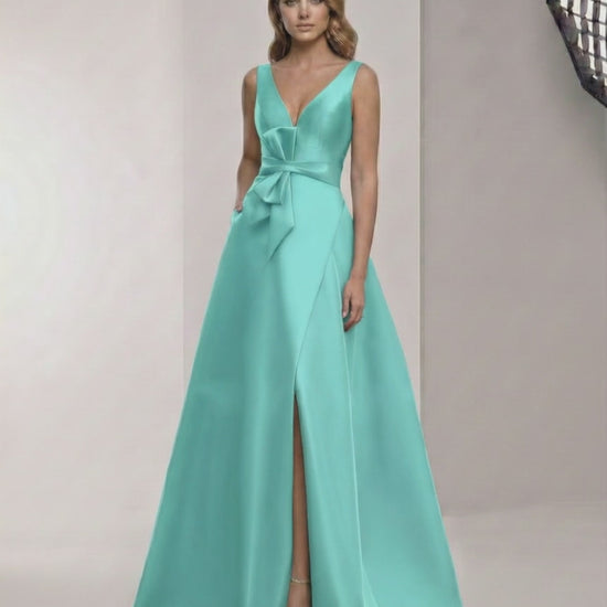Calista Maxi Dress - Elegant teal satin A-Line dress with V-Neck, bow detail, perfect for formal occasions. Lauven.
