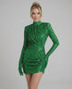 Orion Mini Dress by Lauven in emerald green sequins with fitted silhouette and full-length sleeves.