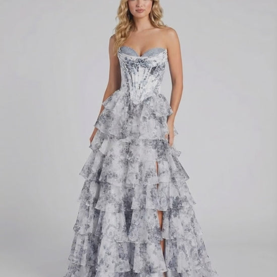 Celeste Maxi Dress by Lauven, elegant tiered floral chiffon gown in gray and white, perfect for refined occasions.