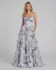 Celeste Maxi Dress by Lauven, elegant tiered floral chiffon gown in gray and white, perfect for refined occasions.