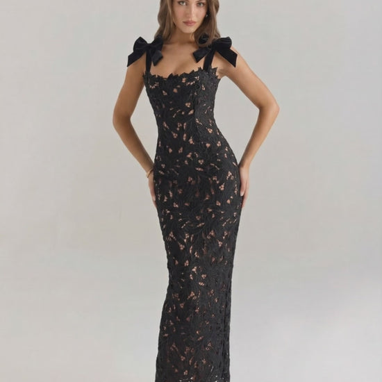 Noirelle Maxi Dress featuring intricate lace, square neckline, sleeveless design, and Lauven brand elegance.