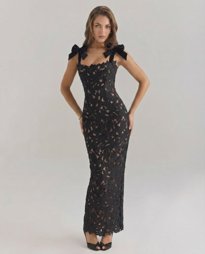 Noirelle Maxi Dress featuring intricate lace, square neckline, sleeveless design, and Lauven brand elegance.