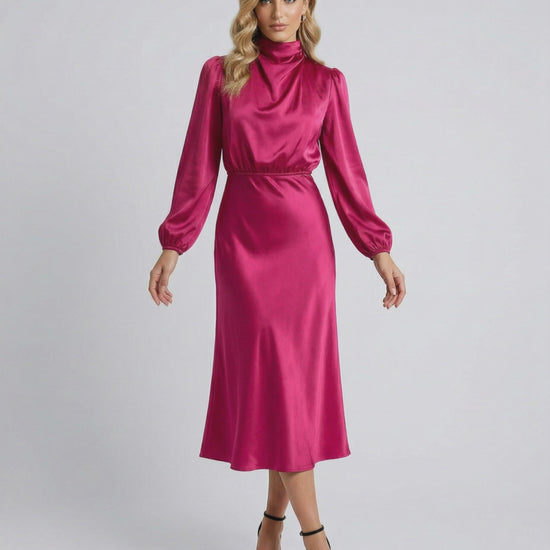 Lauven Vienna Midi Dress in satin, high neck elegance with flattering silhouette, perfect for day or evening wear.