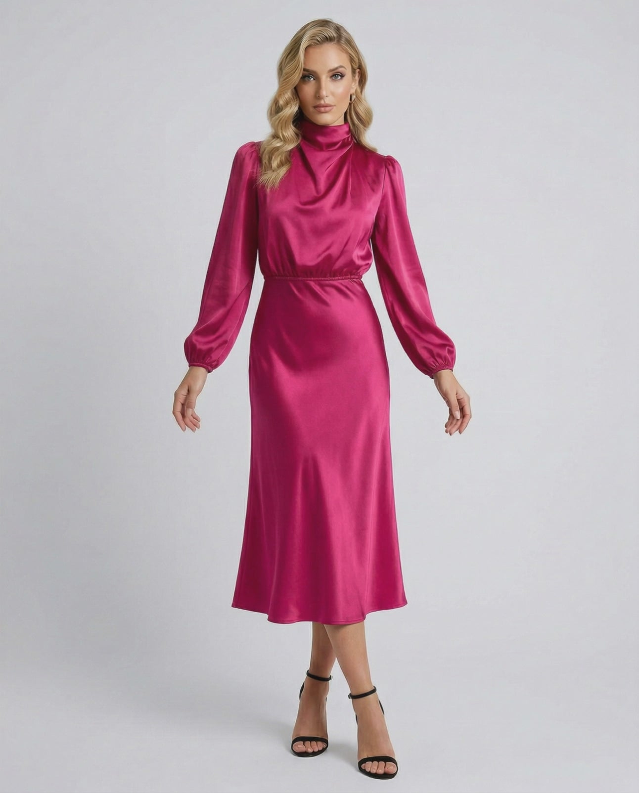 Lauven Vienna Midi Dress in satin, high neck elegance with flattering silhouette, perfect for day or evening wear.