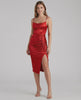Sienna Midi Dress in red satin with cowl neck, ruched detail, and thigh-high slit from Lauven, embodying modern glamour.