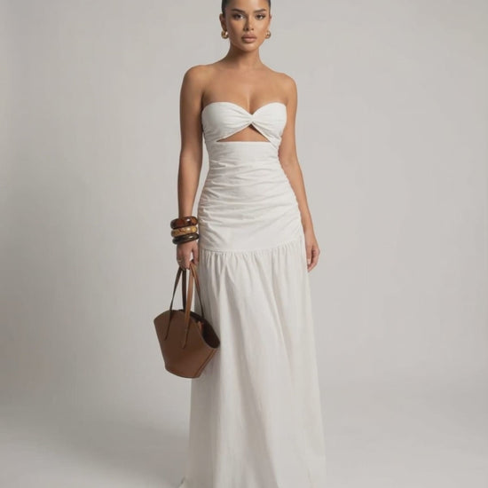 Serena Maxi Dress - White strapless dress with cutout high waist silhouette from Lauven, offering elegant style and comfort.