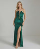 Green Celeste Maxi Dress by Lauven featuring luxurious velvet, a high slit, and elegant styling for sophisticated occasions.