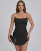 Astrid Mini Dress by Lauven featuring a sleek black cami bodycon design with subtle ruching and a mini length.