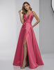 Monaco Maxi Dress - Pink Satin A-Line V-Neck Evening Dress by Lauven, featuring a luxurious shine and elegant silhouette.