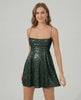 Emerald Mini Dress by Lauven, featuring a sequined A-line silhouette in dark green for a glamorous look.