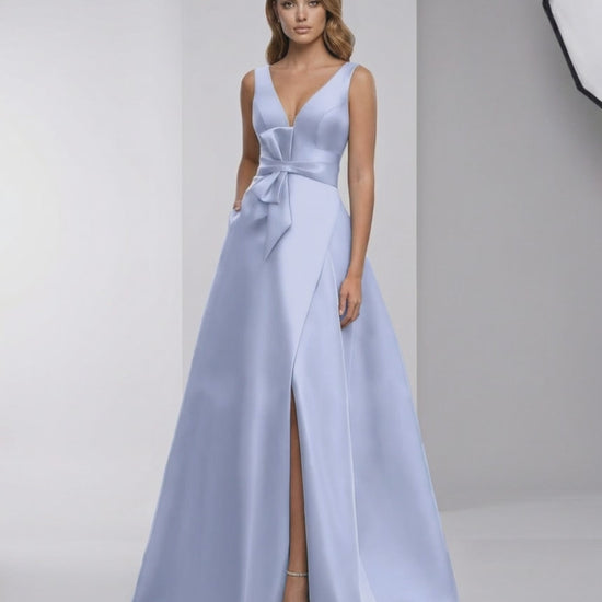 Celestia Maxi Dress - Light Blue Satin A-Line V-Neck Floor-Length Evening Dress by Lauven, elegant and refined design.