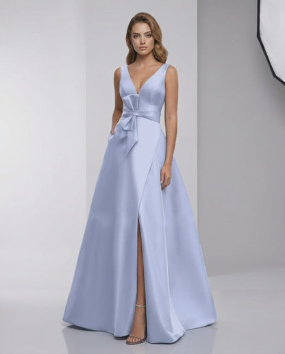 Celestia Maxi Dress - Light Blue Satin A-Line V-Neck Floor-Length Evening Dress by Lauven, elegant and refined design.