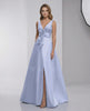 Celestia Maxi Dress - Light Blue Satin A-Line V-Neck Floor-Length Evening Dress by Lauven, elegant and refined design.