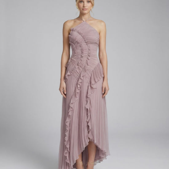Celeste Maxi Dress by Lauven - Elegant pleated halter neck in dusty mauve with ruffle details.
